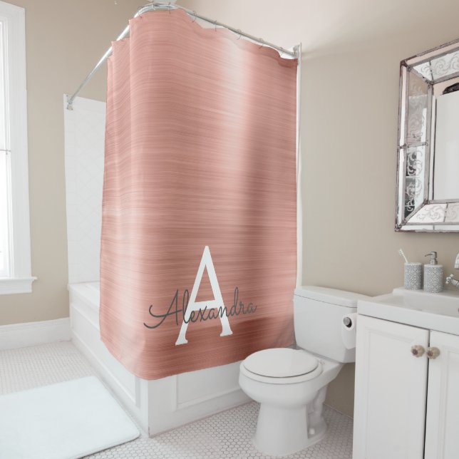 Rose Gold Glam Metallic Monogram Shower Curtain (In Situ)