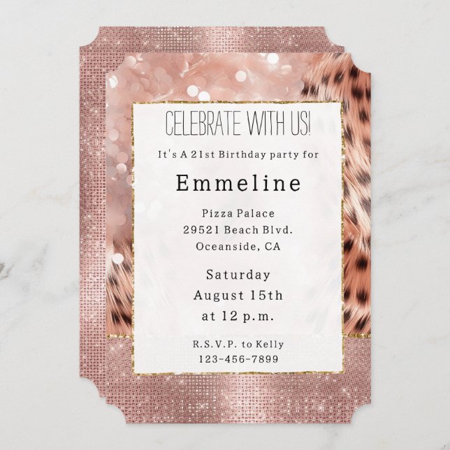 Rose Gold Glam Sparkle Cheetah Invitation (Front/Back)