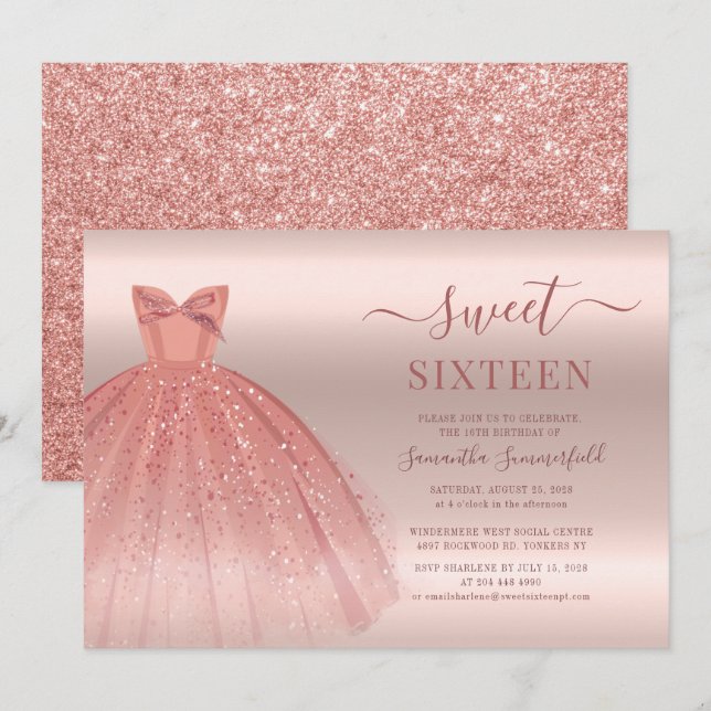 Rose Gold Glam Sweet 16 Birthday Script Invitation (Front/Back)