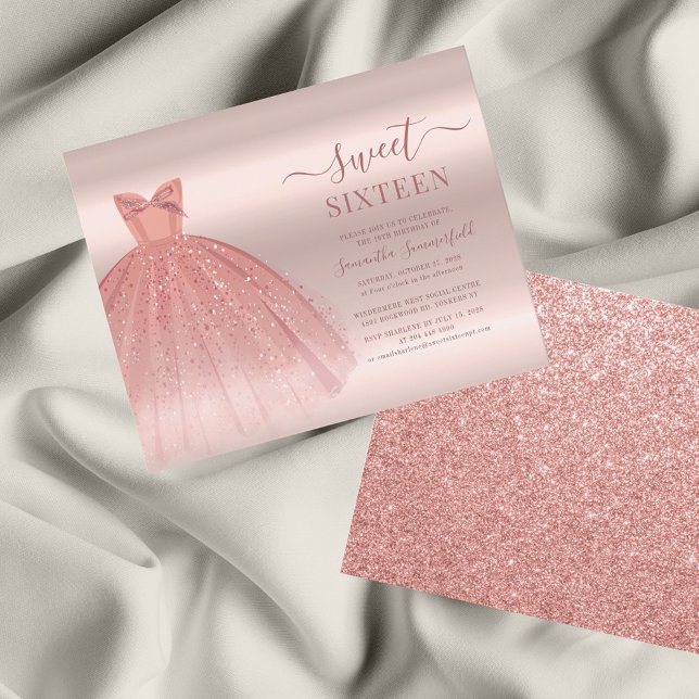 Rose Gold Glam Sweet 16 Modern Script Invitation (Sweet 16 Rose Gold Dress Party Invitation)