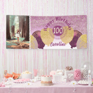 Rose Gold Glitter 100th Birthday & Balloons  Banner