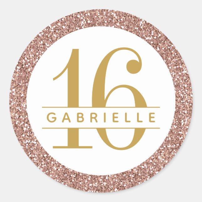 Rose Gold Glitter 16 Birthday Favour Sticker Label (Front)