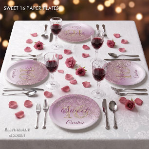 Rose Gold Glitter, 16 Glitter, Sweet 16 Birthday Paper Plate