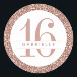 Rose Gold Glitter 16th Birthday Personalised Classic Round Sticker<br><div class="desc">Personalised 16th birthday sticker with rose gold pink circle border and custom name and age printed in the middle on white.</div>