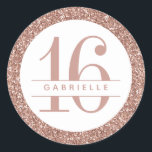 Rose Gold Glitter 16th Birthday Personalised Classic Round Sticker<br><div class="desc">Personalised 16th birthday sticker with rose gold pink circle border and custom name and age printed in the middle on white.</div>