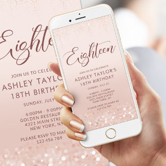 Rose Gold Glitter 18th Birthday Mobile Invite