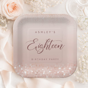 Rose Gold Glitter 18th Birthday Party Square Paper Plate
