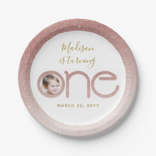 Rose Gold Glitter 1st Birthday Girl Blush Pink Paper Plate