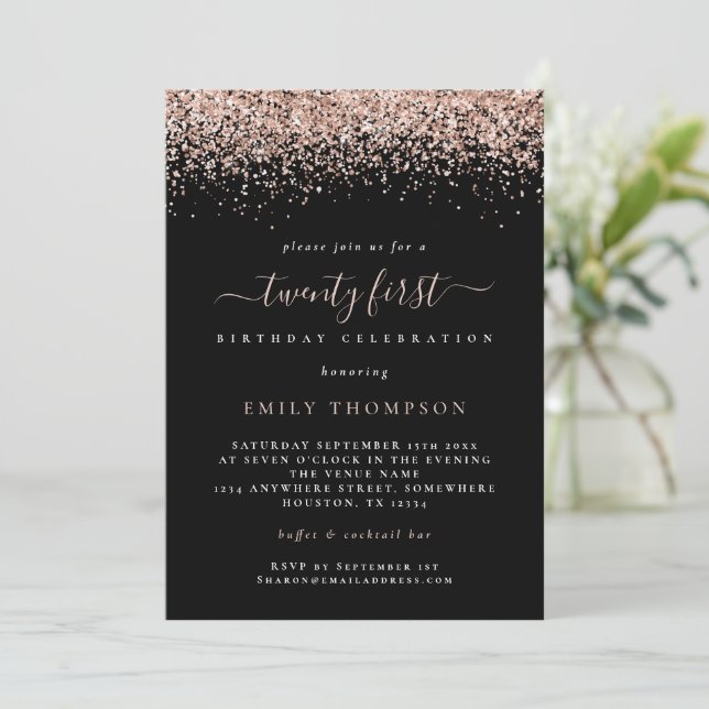 Rose Gold Glitter 21st Birthday Black Invitation (Standing Front)