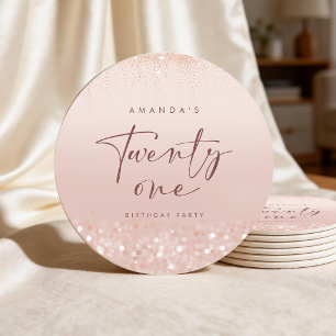 Rose Gold Glitter 21st Birthday Party Round Paper Coaster