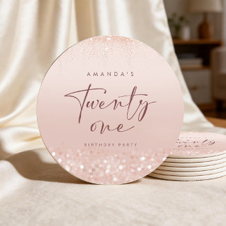 Rose Gold Glitter 21st Birthday Party Round Paper Coaster