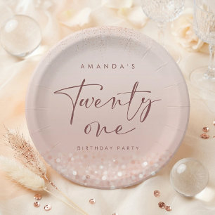 Rose Gold Glitter 21st Birthday Party Round Paper Plate