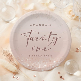 Rose Gold Glitter 21st Birthday Party Round Paper Plate