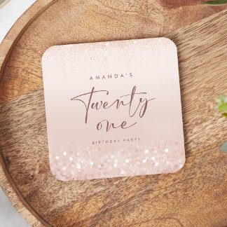 Rose Gold Glitter 21st Birthday Party Square Paper Coaster