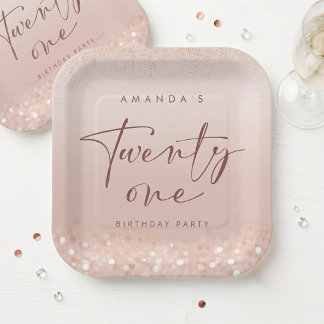 Rose Gold Glitter 21st Birthday Party Square Paper Plate