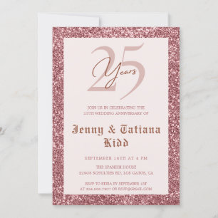 Rose Gold Glitter 25th wedding anniversary Invitation