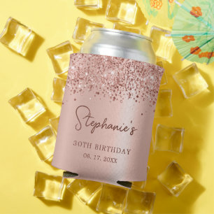 Rose Gold Glitter 30th Birthday Monogram Script Can Cooler