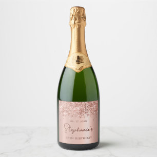 Rose Gold Glitter 30th Birthday Monogram Script Sparkling Wine Label