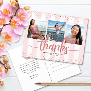 Rose gold glitter 3 photo graduation thank you postcard