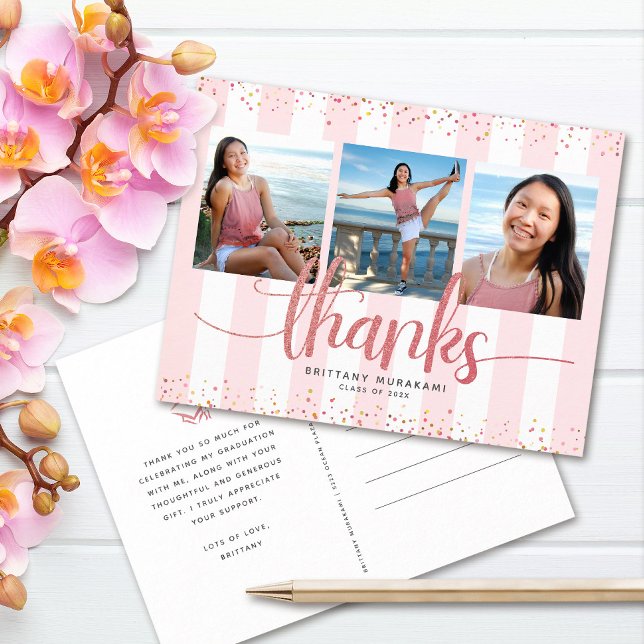 Rose gold glitter 3 photo graduation thank you postcard (Creator Uploaded)