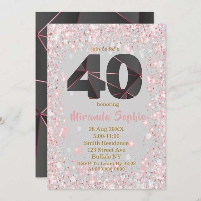 Rose Gold Glitter 40th Birthday Invitations  (Front/Back)