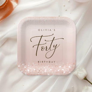 Rose Gold Glitter 40th Birthday Party Paper Plate