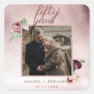 Rose Gold Glitter 50 Year Wedding Anniversary Pink Square Sticker