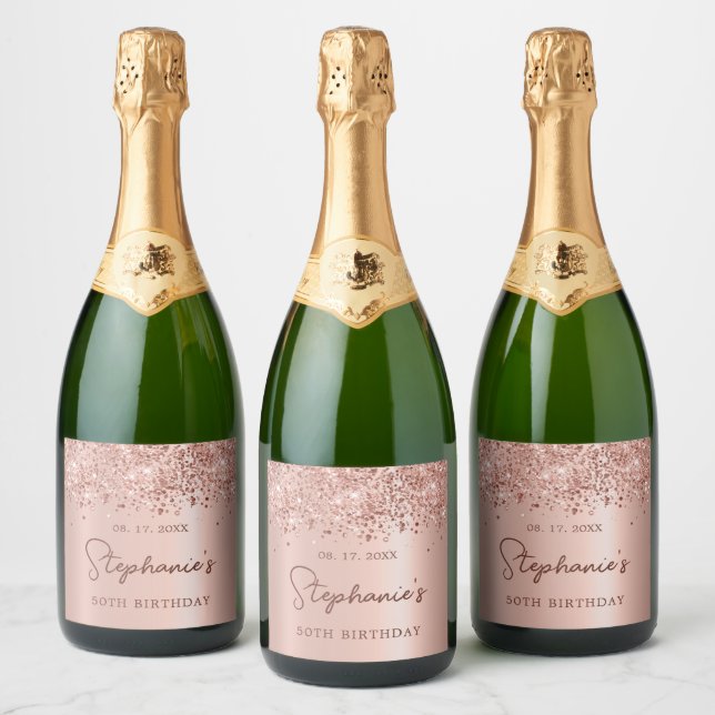 Rose Gold Glitter 50th Birthday Monogram Script Sparkling Wine Label (Bottles)