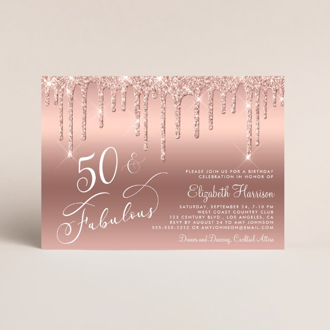 Rose Gold Glitter 50th Birthday Party Invitation (Celebrate her 50 years of sparkle with an elegant rose gold glitter birthday party invitation  🎉 🎂)