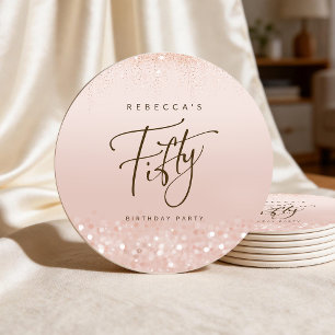 Rose Gold Glitter 50th Birthday Party Round Paper Coaster