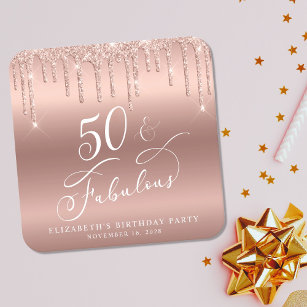 Rose Gold Glitter 50th Birthday Party Square Paper Coaster