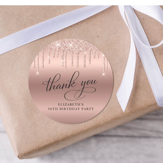 Rose Gold Glitter 50th Birthday Party Thank You Classic Round Sticker (Creator Uploaded)