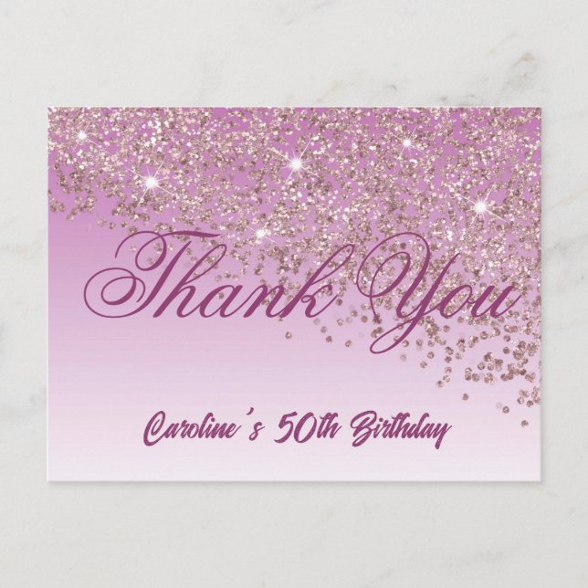 Rose Gold Glitter, 50th Birthday Thank You Postcard (Front)