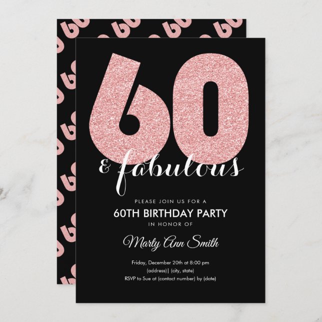 Rose Gold Glitter 60 & Fabulous Birthday Party Invitation (Front/Back)