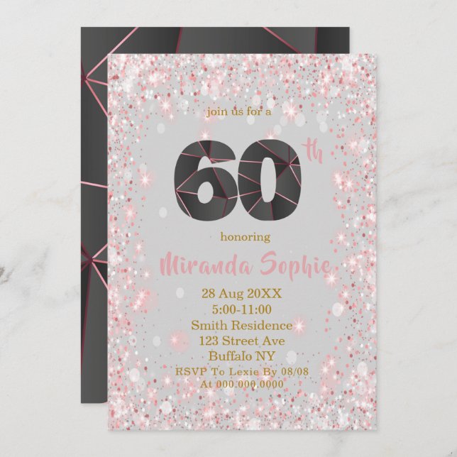 Rose Gold Glitter 60th Birthday Invitations  (Front/Back)