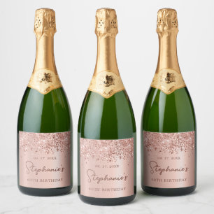 Rose Gold Glitter 60th Birthday Monogram Script Sparkling Wine Label