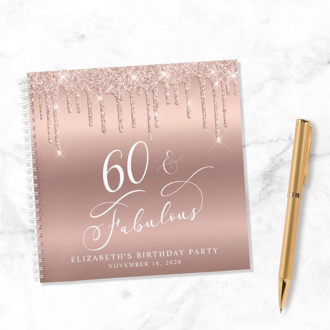 Rose Gold Glitter 60th Birthday Party Guest Book (Creator Uploaded)