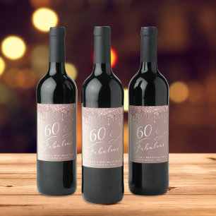Rose Gold Glitter 60th Birthday Party Wine Label