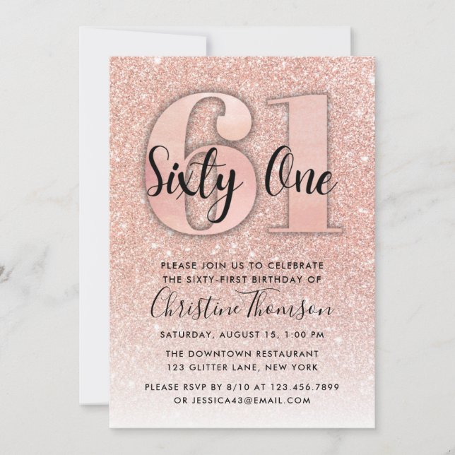 Rose Gold Glitter 61st Birthday Invitation (Front)