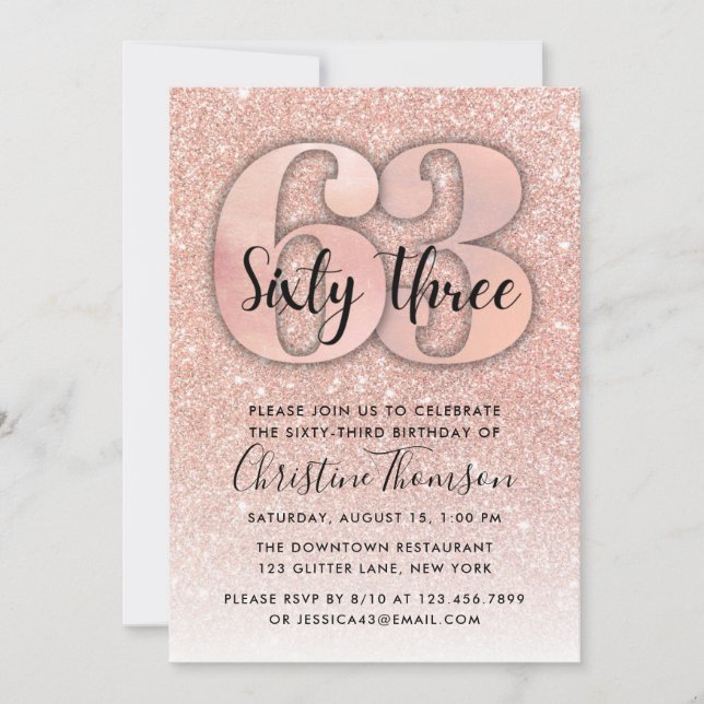 Rose Gold Glitter 63rd Birthday Invitation (Front)