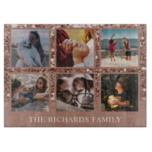 Rose Gold Glitter 6 Photo Collage Family Name Cutt Cutting Board