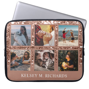 Rose Gold Glitter 6 Photo Collage with Name Laptop Sleeve