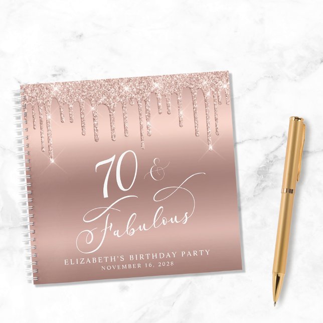 Rose Gold Glitter 70th Birthday Party Guest Book (Creator Uploaded)