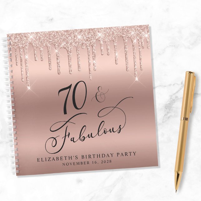 Rose Gold Glitter 70th Birthday Party Guest Book (Creator Uploaded)