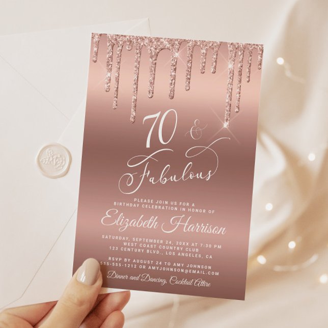 Rose Gold Glitter 70th Birthday Party Invitation (Celebrate her 70 years of sparkle with an elegant rose gold glitter birthday party invitation)