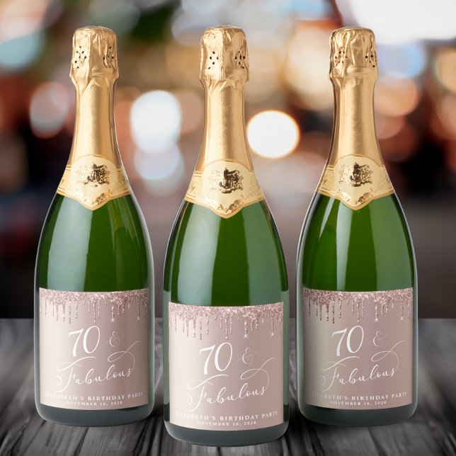 Rose Gold Glitter 70th Birthday Party Sparkling Wine Label (Creator Uploaded)