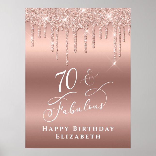 Rose Gold Glitter 70th Birthday Party Welcome Poster (Front)