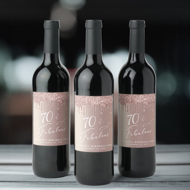 Rose Gold Glitter 70th Birthday Party Wine Label (Creator Uploaded)