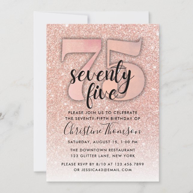 Rose Gold Glitter 75th Birthday Invitation (Front)