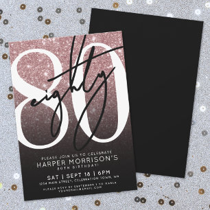 Rose Gold Glitter 80th Birthday Invitation